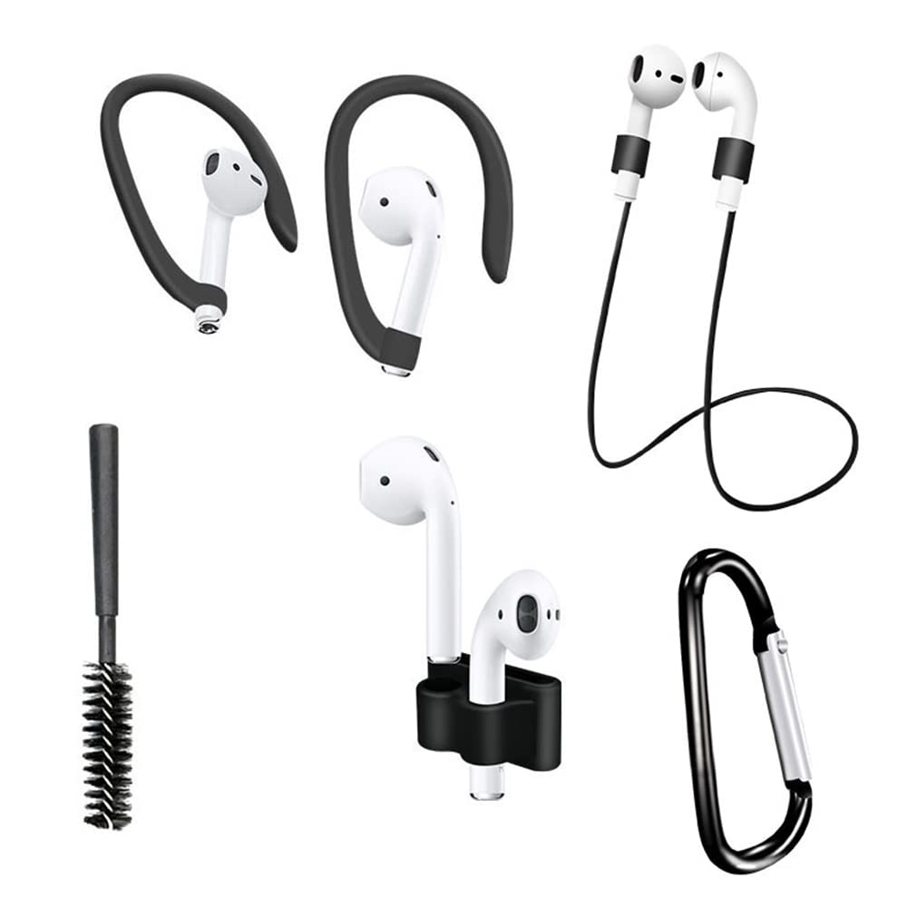 Tiardey 6pcs Wireless Earphone Anti-Lost Set,Including Earphone Anti-Lost Rope,Storage Sleeve,Ear Hook,Cleaning Brush,Carabiner Bag for AirPods - Black