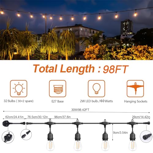 Spacelumen 98FT Outdoor String Lights Mains Powered, 32 Pcs 2W S14 LED E27 Screw Bulb, 2700K Warm White S14 Garden String Festoon Lights for Patio Party Wedding Yard Gazebo