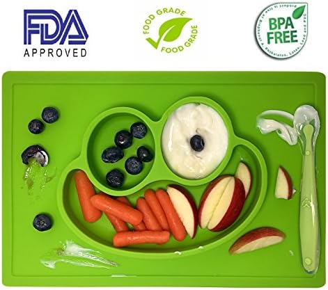 Azure Goods BPA-Free Silicone Placemat for kids baby toddlers 3 compartment Plate with matching Spoon (Lime)