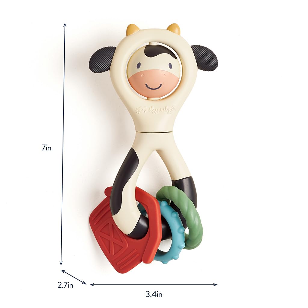 Itzy Ritzy Spinner Rattle Toy – Cow Design Sensory Teething Rattle Includes Spinning Face, Clicks, Rattles & Textured Teethers; Designed for Ages 3 Months and Up (Cow)
