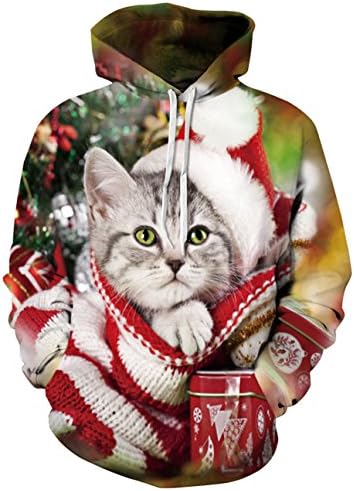 Qika Womens Unisex Couple Simulation 3D Alpaca Print Pocket Hoodies Sweatshirt,S-M,Christmas Cat 1