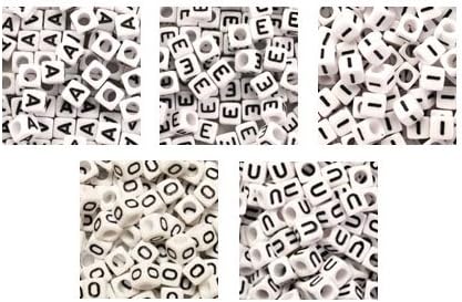Plastic White 6mm Cube Alphabet Beads, Small, Vowels, Letter A, Letter E, Letter I, Letter O, Letter U, total 240 beads