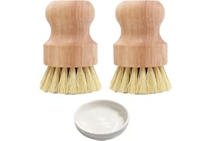 2 Pcs Bamboo Dish Brush, Eco Friendly Sisal Scrubber Brush with Ceramic Holder-Wooden for Pot Palm Brush Nature Mini Durable 