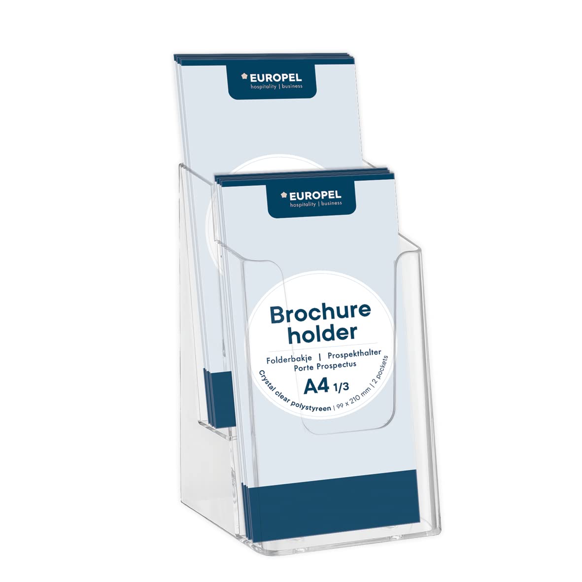 Europel 2-Tier Leaflet & Brochure Holder for a 1/3 folded A4 Size document, Clear Acrylic Construction Booklet, Flyer Menu Display Dispenser Office, Restaurants Reception Portrait |, 350105