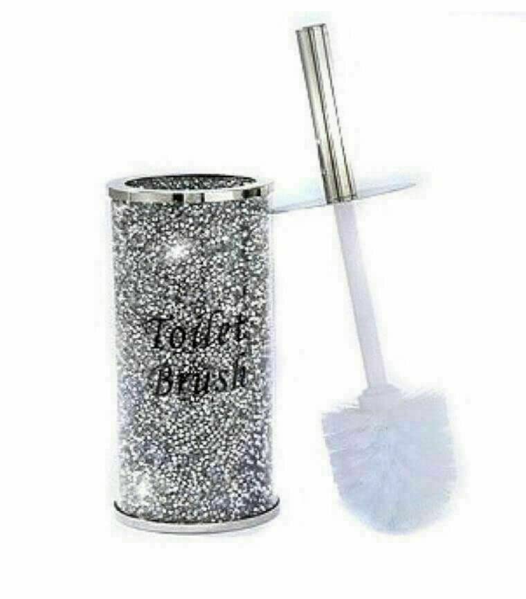 New Large Romany Bling Silver Crushed Crystal Toilet Brush Holder Home Decoration