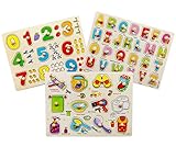 Toddler Puzzles Wooden Peg Puzzles for Toddlers 2 3 4 5 years old (Set of 3) - Numbers, Alphabet and Objects Puzzle by Wallxin