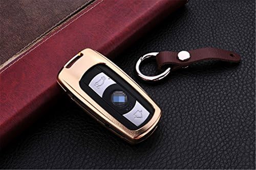 [MissBlue] Aircraft Aluminum Key Fob Cover For BMW Remote Key, Protector Case Fits BMW M3 M5 X1 X5 X6 Z4 3 5 6 Series Car Key, Unisex Leather Key Fob Keychain for Men Key Fob Holder for Women - Gold