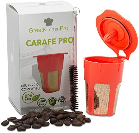 24K Gold Reusable K-Carafe Filter Bundle, Coffee K-Cup for Keurig 2.0, Compatible w/ Carafe 2.0 Coffee Machines, Keurig Filter, Keurig Carafe K Cups, Keurig 2.0 Reusable Coffee Filter + Cleaning Brush