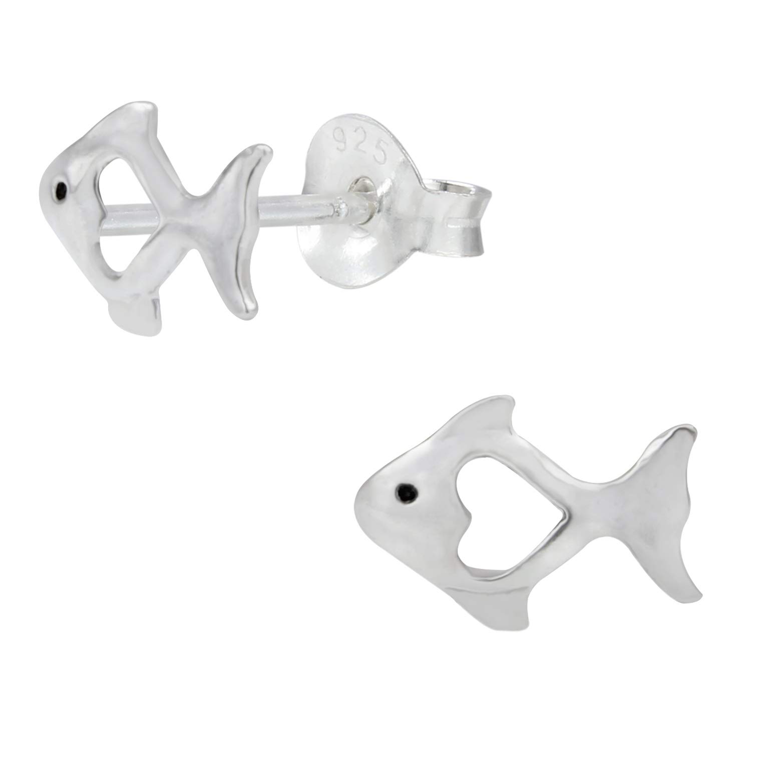 Fish Earrings 925 Sterling Silver with Love Heart