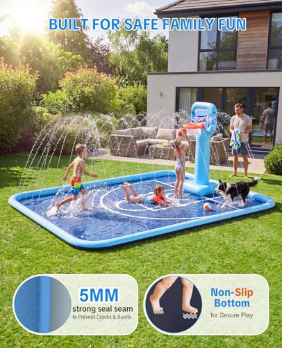 Splash Pad for Kids, 118"x138" Extra Large Sprinkler Splash Pad with Basketball Hoop & Ball, Non-Slip Outdoor Water Toys for Backyard Summer Fun
