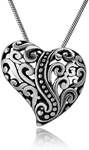 925 Sterling Silver Open Detailed Filigree Heart Pendant Necklace for Women, 18” Chain