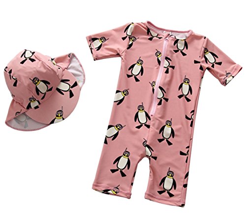 UNIQUEONE Kids Baby Girl One-Pieces Rash Guard Short Sleeve Swimsuit Sun Protection Bathing Suit Size 4T/Tag10 (Pink) - Thumbnail 4