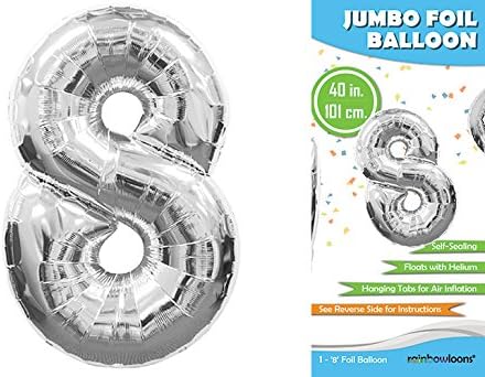 40 Inch Premium Giant Jumbo Mylar Foil Balloon (Floats with Helium) - Glossy Silver - Number 8