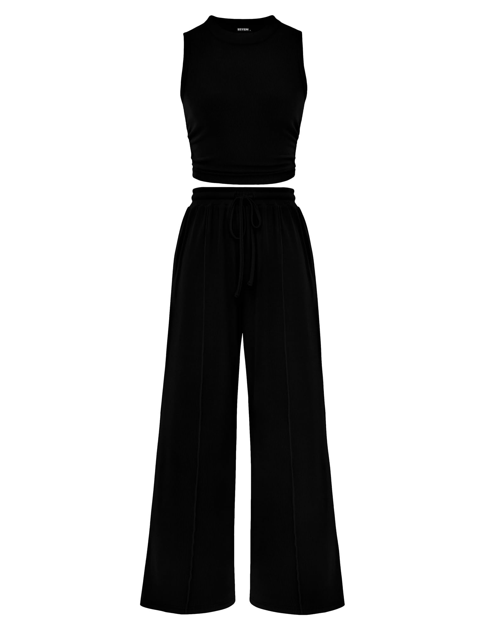 Photo 1 of **PANTS ONLY ** BTFBM Women Summer 2 Piece Outfits 2025 Beach Crew Neck Sleeveless Cropped Top Elastic Waist Wide Leg Pants Lounge Set(Black, Small)