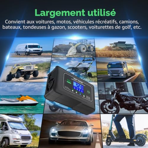 Haisito Car Battery Charger 12 V/24 V 25 A, Fast Intelligent Car and Motorcycle Battery Charger, Portable Charger and Maintainer of Lithium Battery, LiFePO4, Lead (AGM, EFB, Gel, MF, VRLA, etc.)