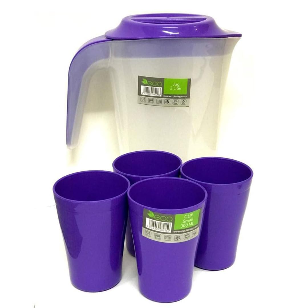 ECO Plastic Jug 2 Litre with 4 Cups | Semi-Transparent Jugs with Lid | Durable Drink Pitcher | Large Plastic Picnic Jugs | Multi-Colour Juice Jug for Parties & Outdoor Use - Purple