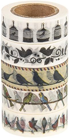 Washi Tape (Japanese Masking Tape) by MIKOKA, 0.6 Inches Wide, 32.8 Feet Long, Set of 5 - Birds