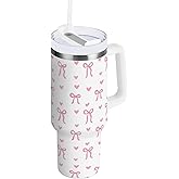 Wusikd Cute Pink Tumbler Handle Lid and Straw Ribbon Bow Water Bottle Stainless Steel Coffee Travel Tumbler Mug Cup Gifts for Men Women 40oz