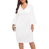 Talisea Women Plus Size Work Dress - Semi Formal Wedding Guest Church Business Office Interview V Neck Bell Sleeve Dress
