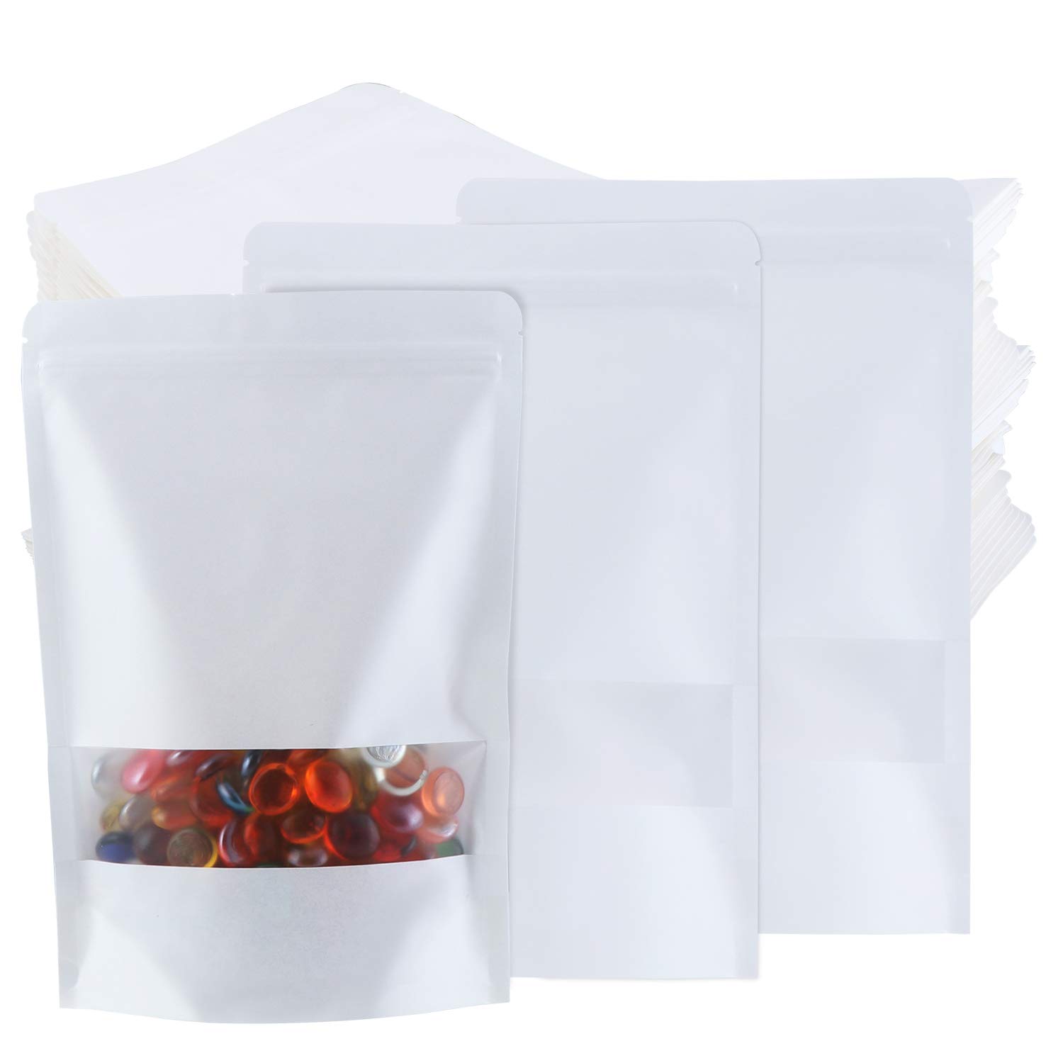 TsunNee 50PCS Kraft Paper Stand Up Food Bags, Kraft Paper Food Storage Pouches, Reusable Ziplock Seal Bags, White Kraft Paper Food Packing Bag with Transparent Window, 23x35cm