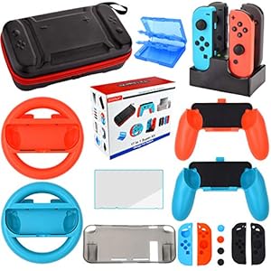 Image of Accessories Kit for Nintendo Switch Games Bundle Wheel Grip Caps Carrying Case Screen Protector Controller Charger (17 In 1)