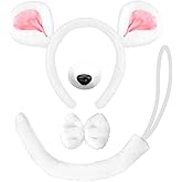 Bmpzery 4 Pcs White Mouse Costume Set,Halloween Rat Nose and Headband White Costume Accessories,Mouse Ears and Bowtie Tail Accessories Set,Used for Halloween Adult Costumes Animal Accessory