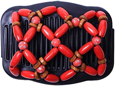Profusion circle Hair Barrettes Vintage Wooden Beads Women Hair Comb Hairpin Clip Elastic Head Styling Headwear - Red