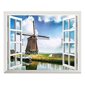 Removable Wall Sticker/Wall Mural - Beautiful City Skyline at Evening | Creative Window View Wall Decor - (24"x32", Windmill Under Blue Sunny Sky)