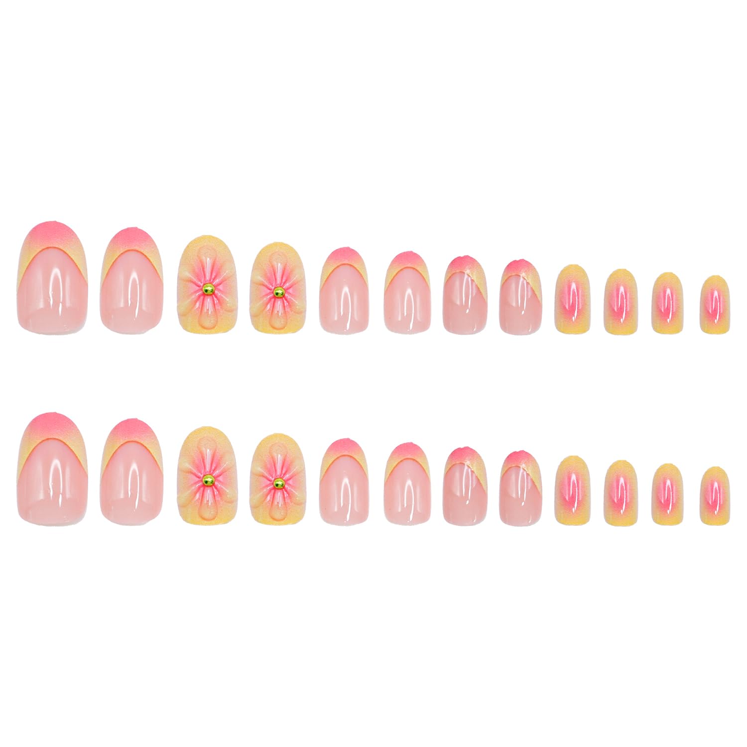 Press on Nails Short Almond SWEKKE French Tip Fake Nails False Nails with Designs 3D Flower Yellow & Pink Stick on Nails Glossy Glue on Nails Acrylic Nails for Women Girls 24 Pcs - Image 4
