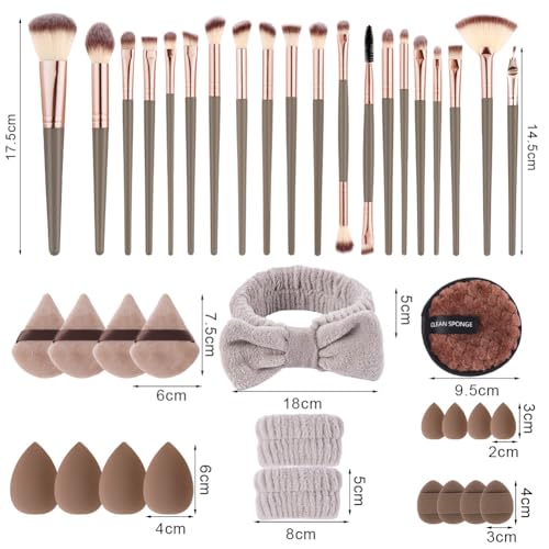 Vicloon Makeup Brush Set, 40 Pieces Professional Makeup Brush Set with Beauty Blender, Powder Puffs, Headband, Premium Brushes Set for Foundation Concealer Brown