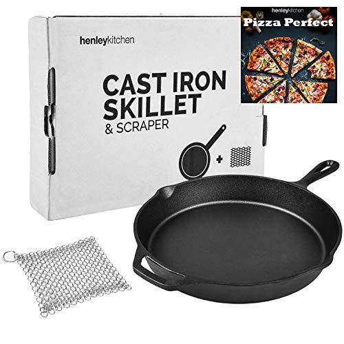 Click Here to See More Images Henley Kitchen - Pre-Seasoned Cast Iron Skillet - 12 Inch - Classic Cast Iron Frying Pan with Stainless Steel Cast Iron Cleaner and Cast Iron Pizza eCookBook