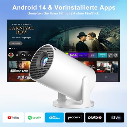 Salange Mini Projector Supports 4K, Android 14 with Apps, Smart Projector Portable with 5G WiFi 6 and Bluetooth 5.4, Small Portable Projector Car Keystone 8000L 270° Rotation, Home Cinema Outdoor