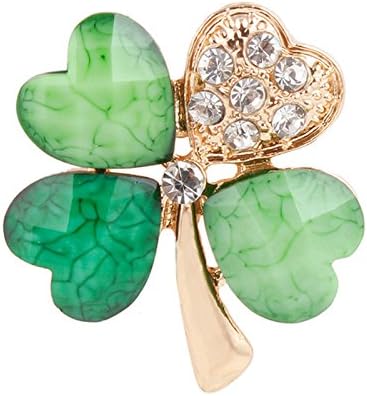 Irish Shamrock Good Luck Charm Green Four Leaf Shamrock Clover Pin Brooch Lapel or Fabric Pin Rhinestone Lapel Pin