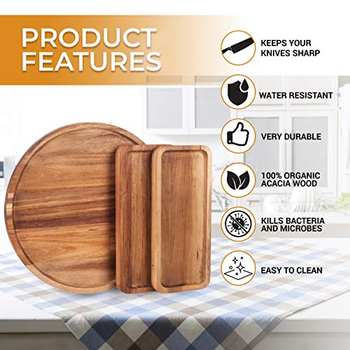 Kitchen Chefs Acacia Wood Cheese Board Set - Large Wooden Charcuterie Board with 2 x Rectangular Cheese Plates - Round Cutting Serving Tray Platter - Modern Housewarming, Birthday, Wedding Fancy Gift