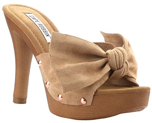CAPE ROBBIN Zhonya-2 Large Bow Open Toe Clogs Mules Slip On Slides Heels Nude 8 - Thumbnail 4