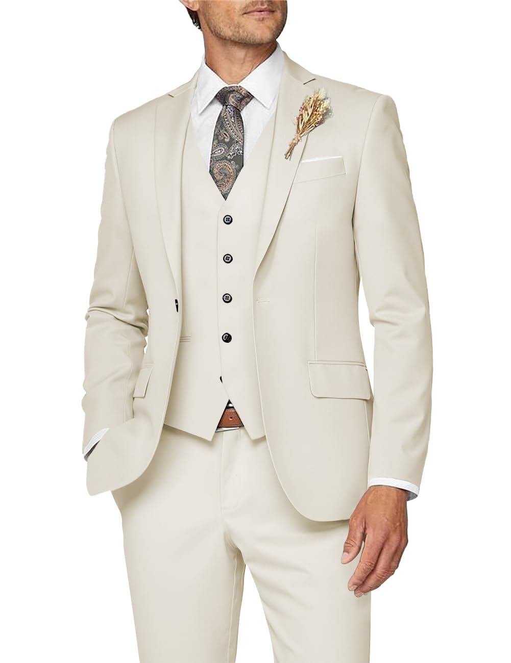 Photo 1 of Wangyue Mens 3 Piece Suit Cream Suits for Men Dinner Party Tuxedo Wedding Suit Groom Groosman, L