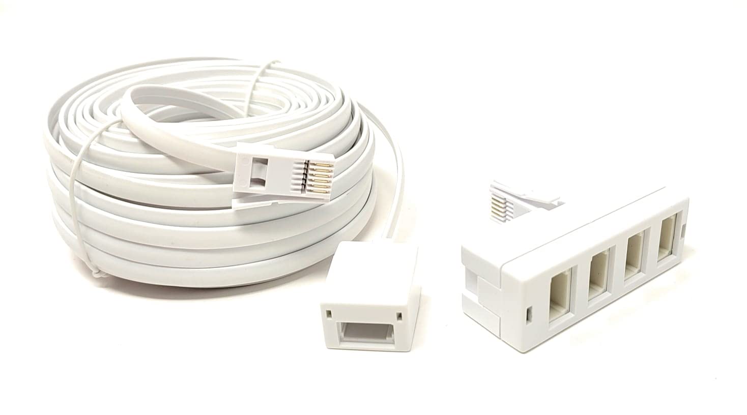 Maincore 20m 2in1 long White BT Telephone Extension Cable Lead & 4 Way BT Sockets Splitter Adapter (20m)