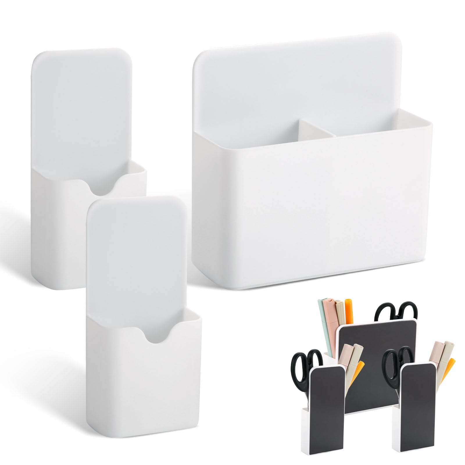 PEUTIER 3pcs Magnetic Pen Holders, Including 1 Large Magnetic Dry Erase Marker Holder + 2 Small Magnetic Pencil Marker Holder Organizers with Magnet for Refrigerator Whiteboard Locker (White)