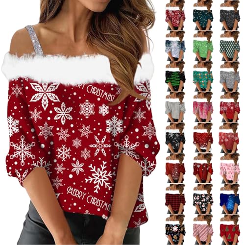 womens christmas jumpers Christmas Tops for Women Sexy off Shoulder Plush Neck Shirts Xmas Theme Month Tunic Blouse Funny Print Pullover Casual Holiday Clothes Gifts the snowman xmas jumpers