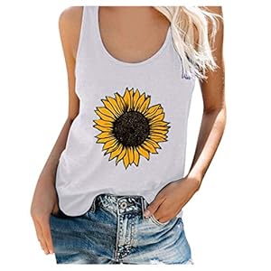FRAUIT Tanktop voor dames, zonnebloem, grafische letterprint, tops, losse mouwloze blouse, ronde hals, zomer, casual, T…
