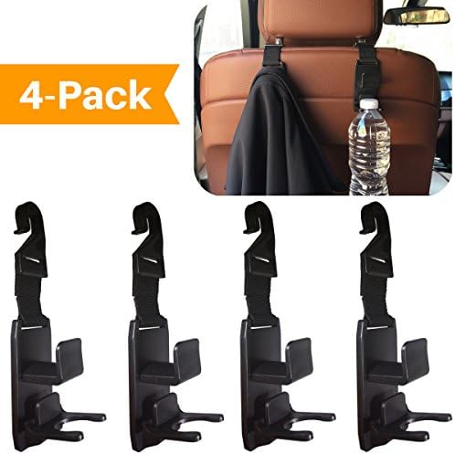4 Pack Headrest Hooks For Car – Extra Strength Front Seat &amp; Back Seat Universal Headrest Hanger for Grocery Bags, Purses, Handbags, and Clothes. Water Bottle Holder Attachment Included!