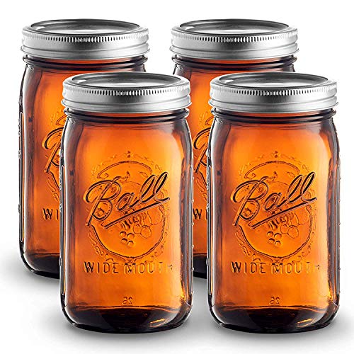 Amber Glass Wide Mouth Mason Jars (32 oz/ Quart ) 4 Pack. With Airtight