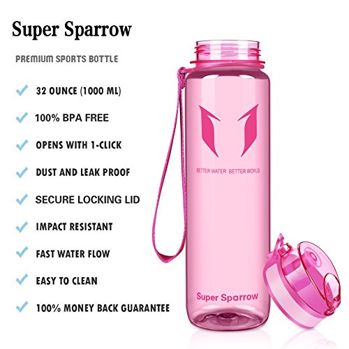 Super Sparrow Sports Water Bottle Non-Toxic BPA Free & Eco-Friendly Tritan Co-Polyester Plastic - Fast Water Flow, Flip Top, Opens with 1-Click (Bright-Pink, 750ml-25oz)
