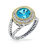 Bling Jewelry Gold Plated Silver Simulated Aquamarine CZ Double Cable Ring