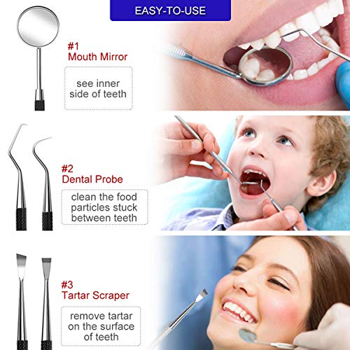 Dental Tools, 6 Pack Teech Cleaning Tools Set Stainless Steel Dental Scraper Tooth Pick Hygiene Set with Mouth Mirror, Tweezer Kit for Dentist, Family Oral Care, Dogs - with Leather Case - Thumbnail 3