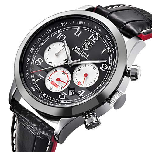 Men's Luxury Sport Watch Leather Band Chronograph 3ATM Waterproof Date Display Business Quartz Wristwatch