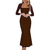BORIFLORS Women's Ruched Bodycon Long Sleeve Maxi Dress Mesh Square Neck Cocktail Party Long Dresses