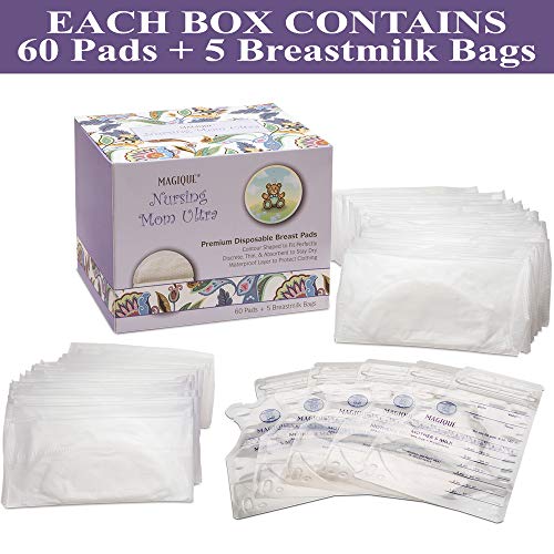 Breastfeeding Nursing Pads - Ultra Ever Dry, Disposable Breast Pad - Breast Feeding Bra Pads with Adhesive Strips - Thin Bra Liner Pad - Magique NursingMom Ultra, 1 Pack of 60 (60 Count)