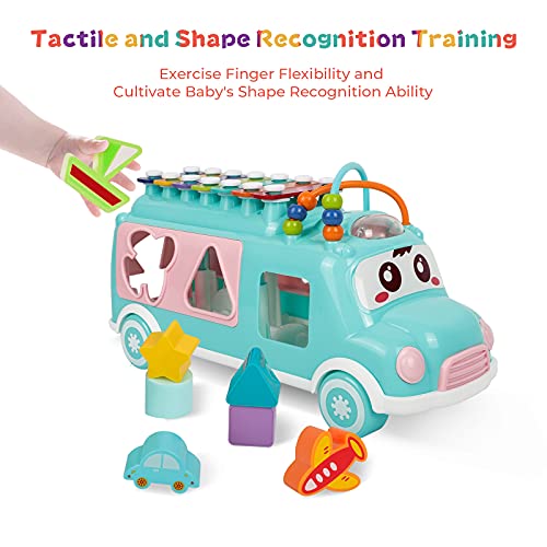 DeeXop Baby Toys 12-18 Months+ Activity Cube Toy Bus include Xilofono, Shape Sorter, Pull Along Toys per 1 anno, Toddler giocattoli educativi per lo sviluppo musicale e forma
