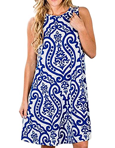 Womens Crew Neck Printed Sleeveless Casual Tunic Tops Summer Swing Tee Shirt Dress with Pockets (Blue, XXL)